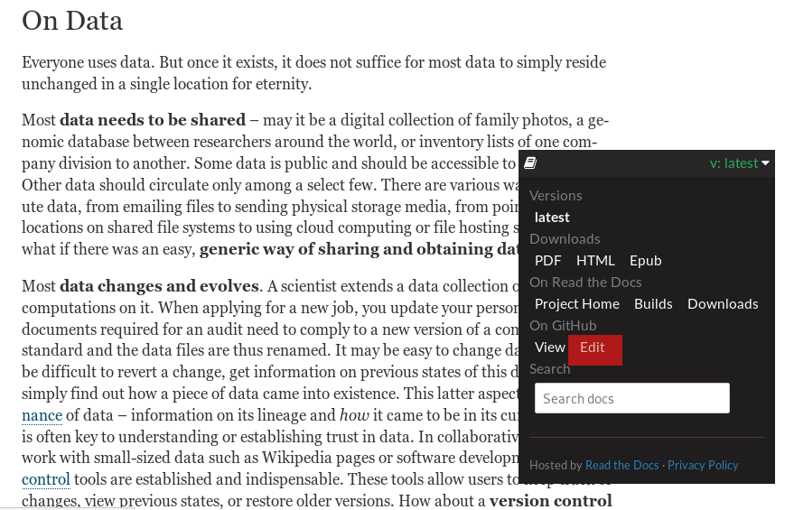 Access the GitHub interface to submit a pull request right from within Readthedocs.